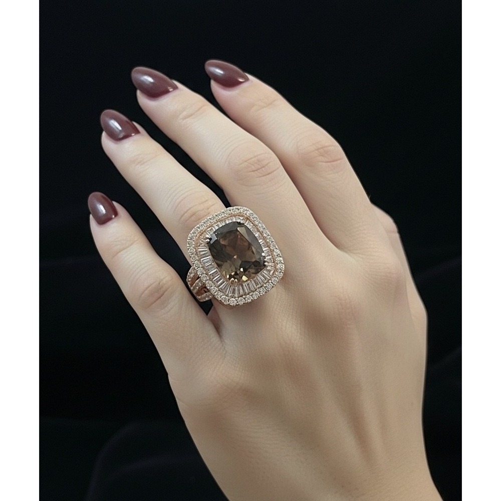 JTV FNZ Smokey Champagne Quartz Rose Gold 9.25 Sterling Silver Ring Sz. 5
